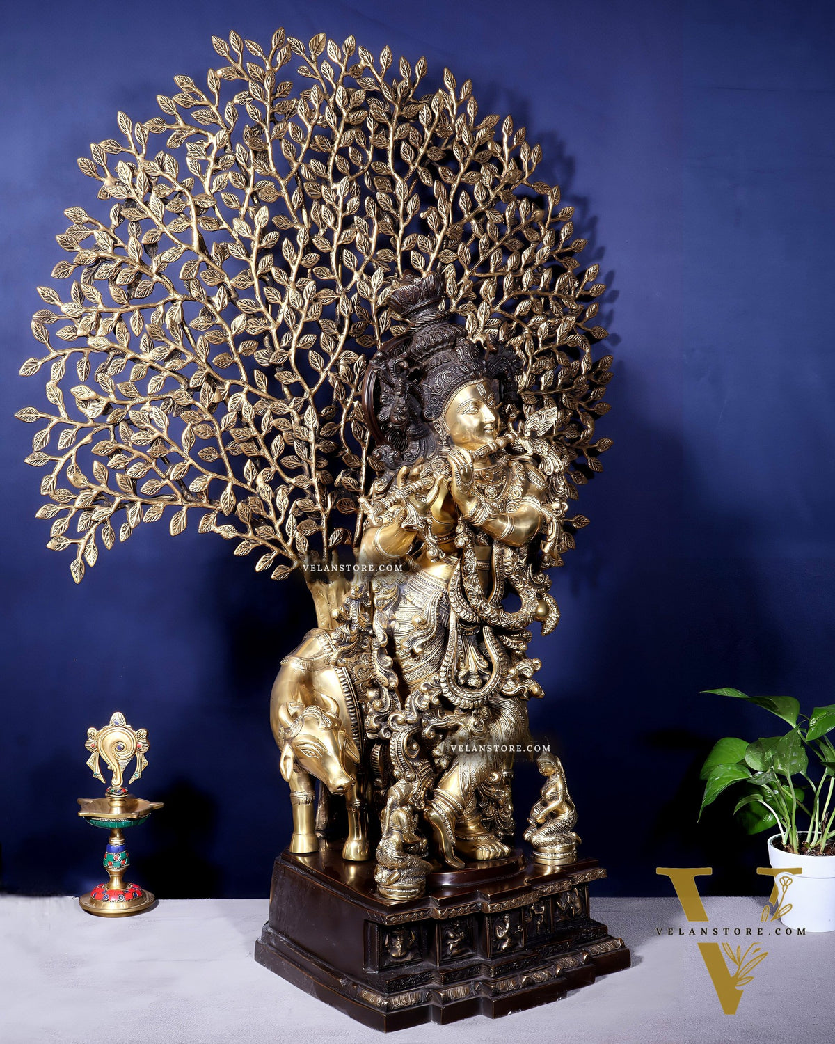 Pure Brass Lord Krishna with Cow and Kalpavriksha Tree – Large Idol 39"
