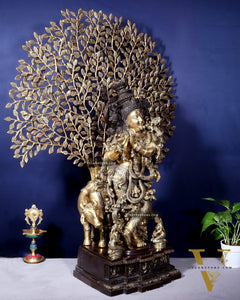 Pure Brass Lord Krishna with Cow and Kalpavriksha Tree – Large Idol 39"