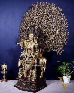 Pure Brass Lord Krishna with Cow and Kalpavriksha Tree – Large Idol 39"