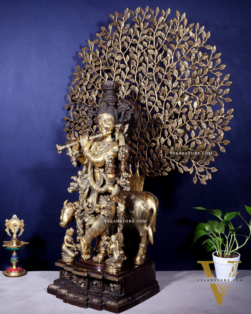 Pure Brass Lord Krishna with Cow and Kalpavriksha Tree – Large Idol 39"