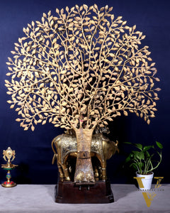 Pure Brass Lord Krishna with Cow and Kalpavriksha Tree – Large Idol 39"