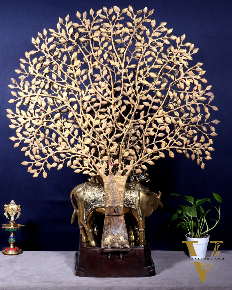 Pure Brass Lord Krishna with Cow and Kalpavriksha Tree – Large Idol 39"