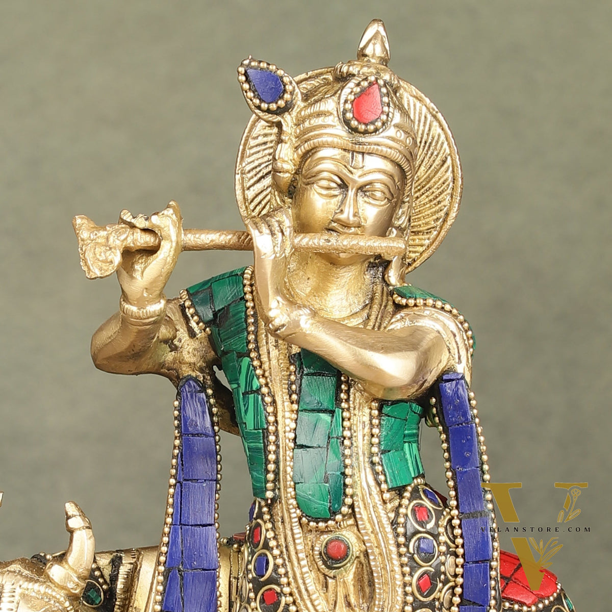 Pure Brass Lord Krishna with Cow Idol | 9.5"
