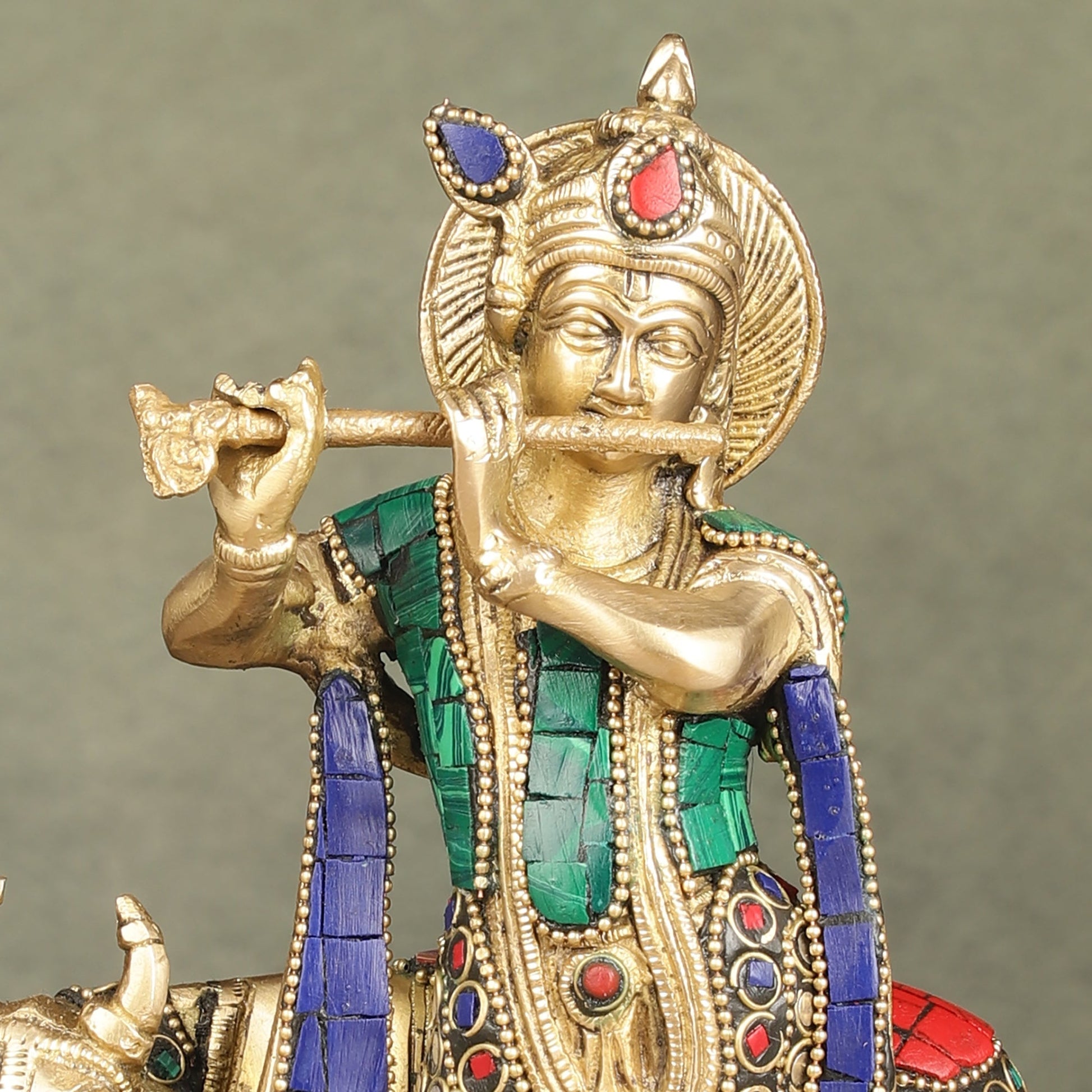 Pure Brass Lord Krishna with Cow Idol | 9.5"