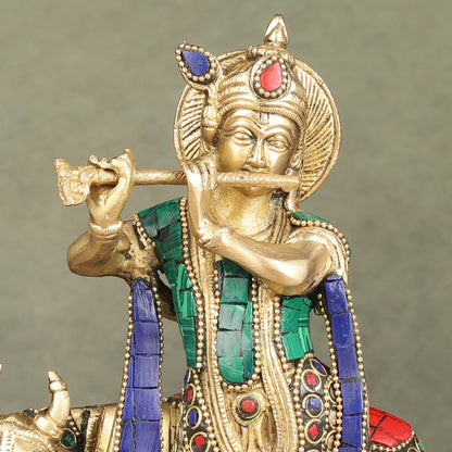 Pure Brass Lord Krishna with Cow Idol | 9.5"