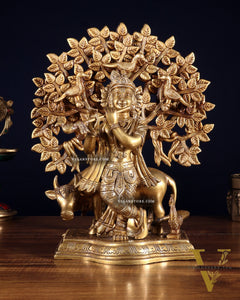 Pure Brass Lord Krishna with Cow & Kalpavriksha Tree Statue 12 inch