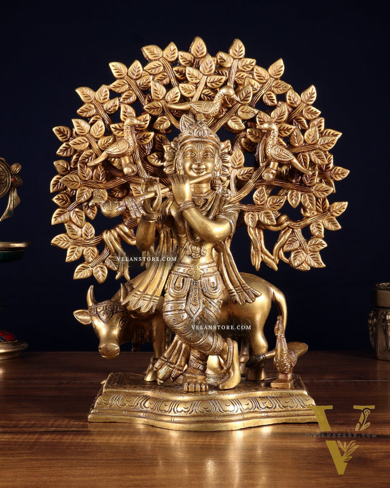 Pure Brass Lord Krishna with Cow & Kalpavriksha Tree Statue 12 inch