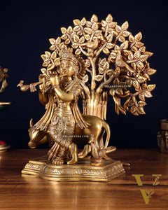 Pure Brass Lord Krishna with Cow & Kalpavriksha Tree Statue 12 inch