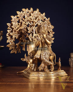 Pure Brass Lord Krishna with Cow & Kalpavriksha Tree Statue 12 inch