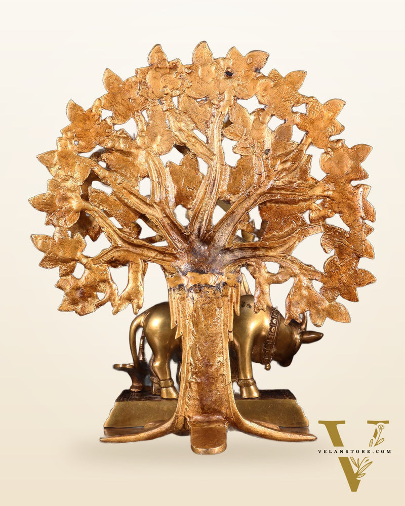 Pure Brass Lord Krishna with Cow & Kalpavriksha Tree Statue 12 inch