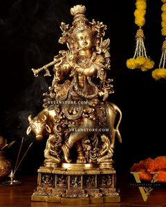 Pure Brass Lord Krishna with Cow large Statue - 29" Height
