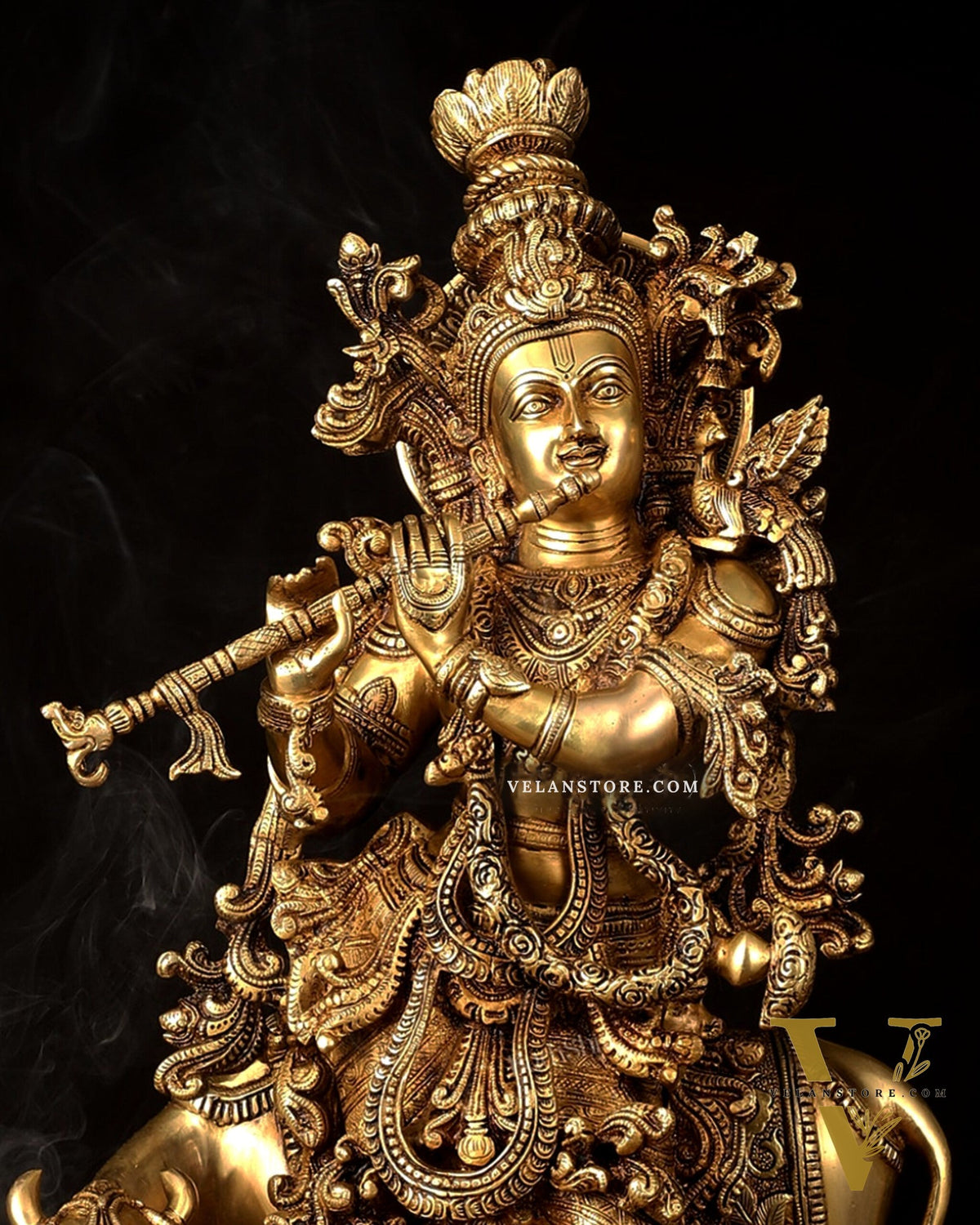 Pure Brass Lord Krishna with Cow large Statue - 29" Height