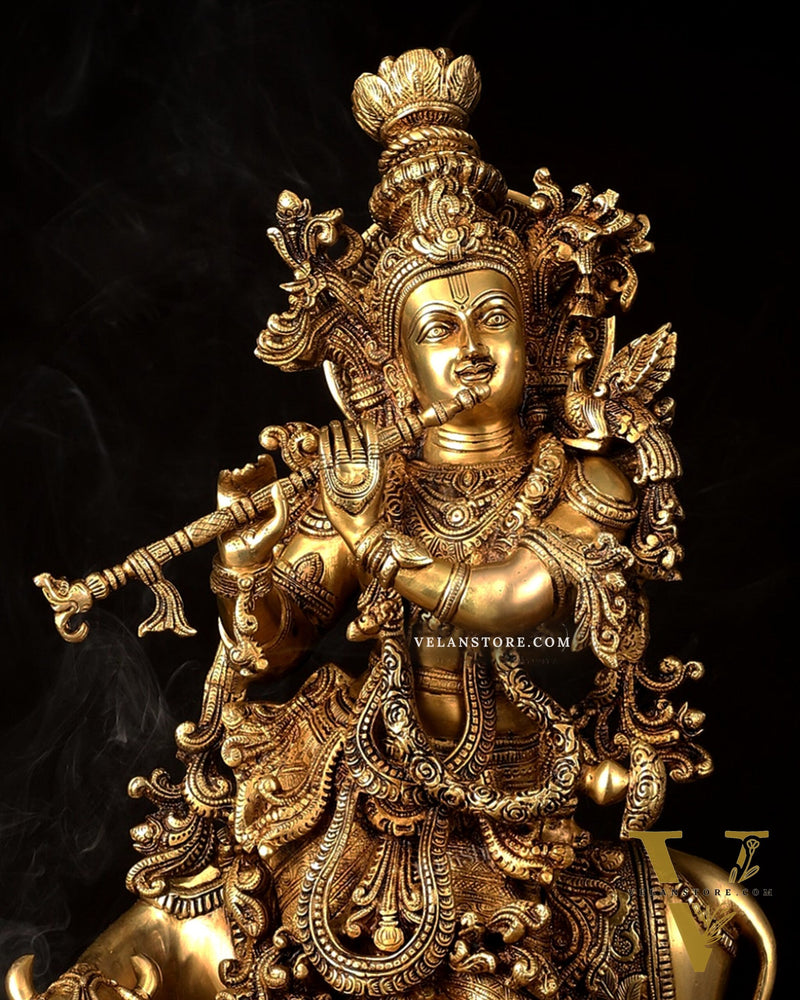 Pure Brass Lord Krishna with Cow large Statue - 29" Height