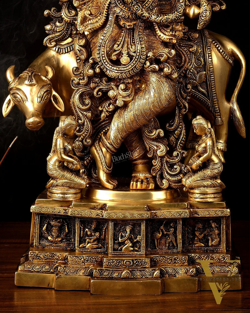 Pure Brass Lord Krishna with Cow large Statue - 29" Height
