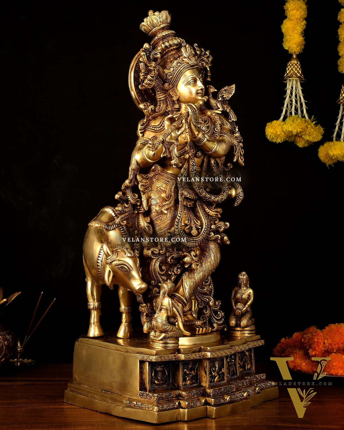 Pure Brass Lord Krishna with Cow large Statue - 29" Height