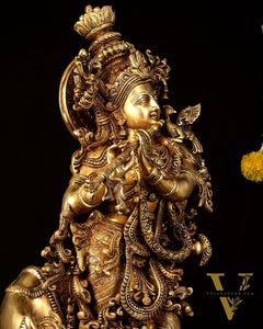 Pure Brass Lord Krishna with Cow large Statue - 29" Height