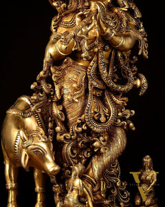 Pure Brass Lord Krishna with Cow large Statue - 29" Height