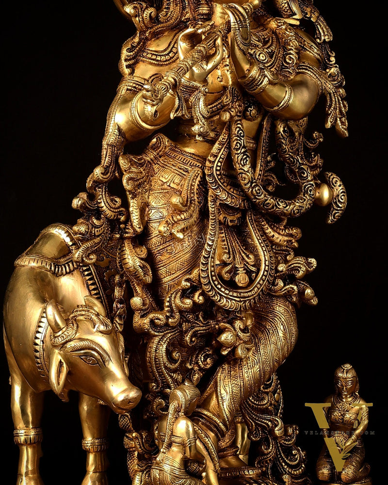 Pure Brass Lord Krishna with Cow large Statue - 29" Height
