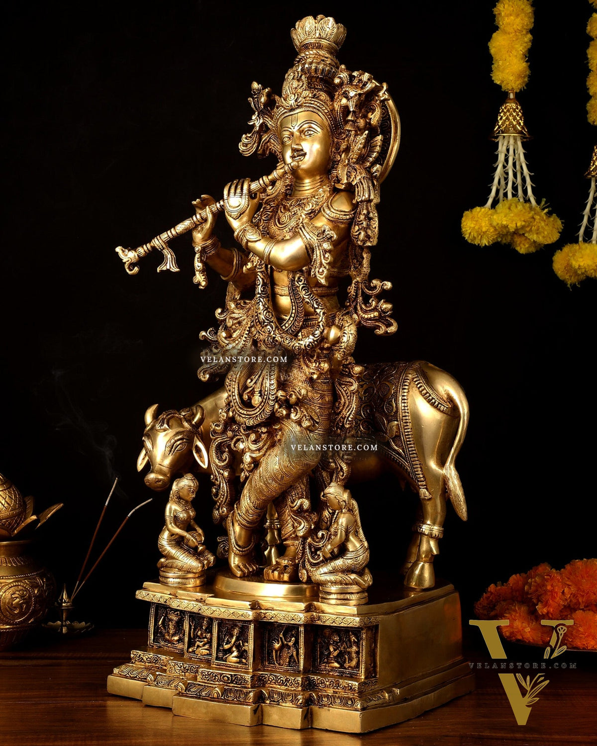 Pure Brass Lord Krishna with Cow large Statue - 29" Height