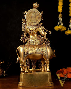 Pure Brass Lord Krishna with Cow large Statue - 29" Height