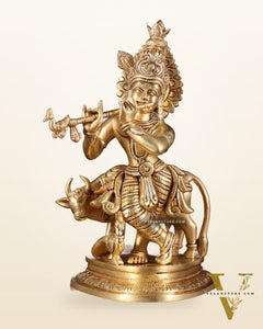 Pure Brass Lord Krishna with Cow Statue – 11 Inch
