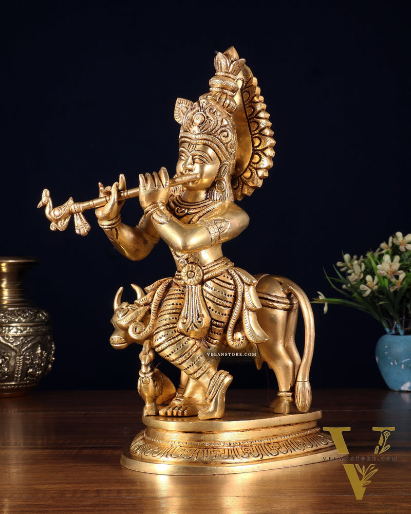 Pure Brass Lord Krishna with Cow Statue – 11 Inch