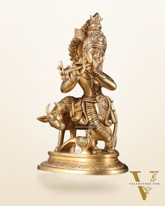 Pure Brass Lord Krishna with Cow Statue – 11 Inch