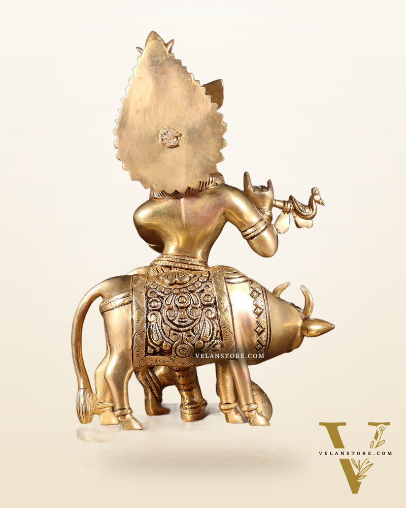 Pure Brass Lord Krishna with Cow Statue – 11 Inch