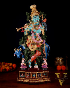 Pure Brass Lord Krishna with Cow Statue - 29" Height hand-painted