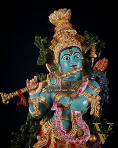 Pure Brass Lord Krishna with Cow Statue - 29" Height hand-painted