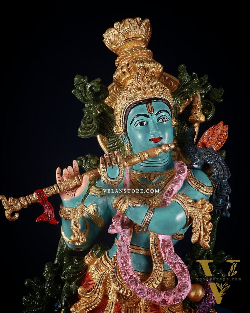 Pure Brass Lord Krishna with Cow Statue - 29" Height hand-painted