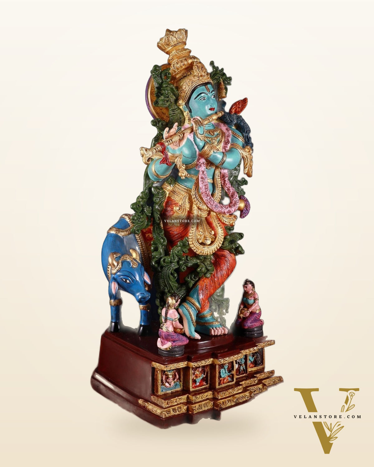 Pure Brass Lord Krishna with Cow Statue - 29" Height hand-painted