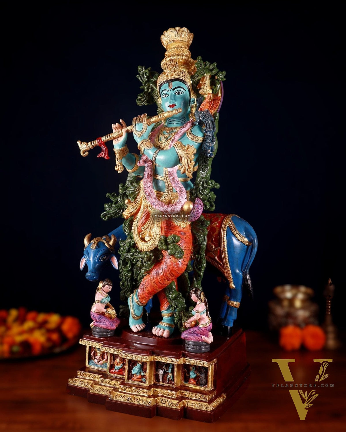 Pure Brass Lord Krishna with Cow Statue - 29" Height hand-painted