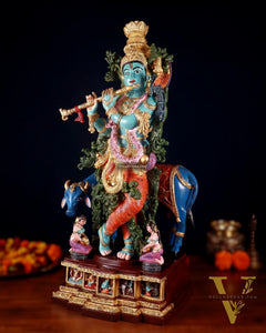 Pure Brass Lord Krishna with Cow Statue - 29" Height hand-painted