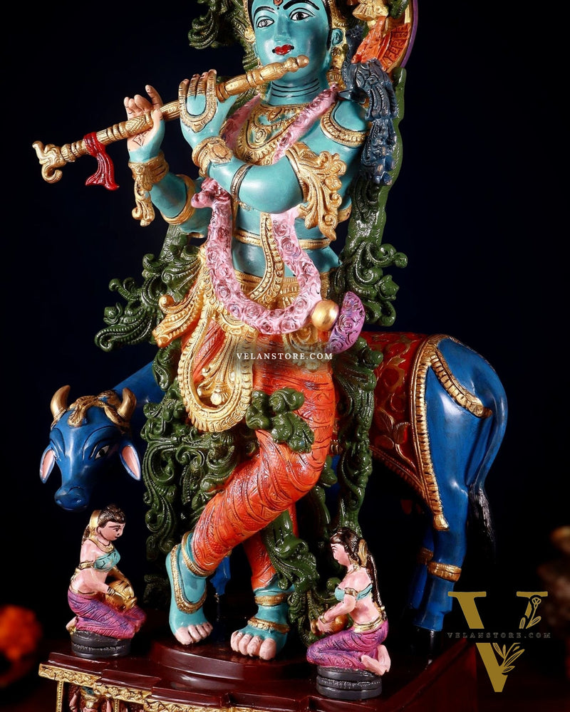 Pure Brass Lord Krishna with Cow Statue - 29" Height hand-painted