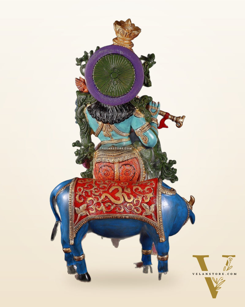 Pure Brass Lord Krishna with Cow Statue - 29" Height hand-painted