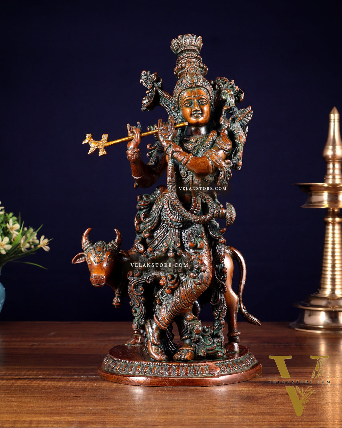 Pure Brass Lord Krishna with Cow Statue – Double Chola Tone 13 inch