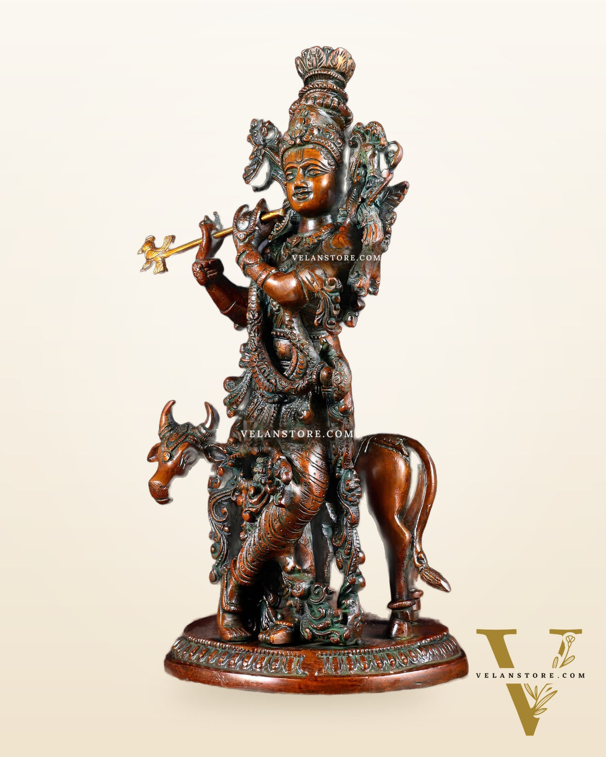 Pure Brass Lord Krishna with Cow Statue – Double Chola Tone 13 inch