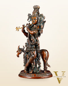 Pure Brass Lord Krishna with Cow Statue – Double Chola Tone 13 inch