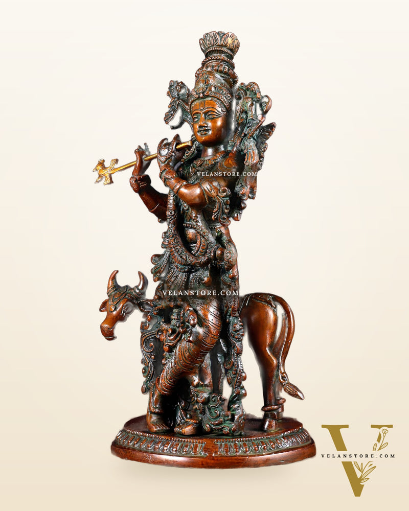 Pure Brass Lord Krishna with Cow Statue – Double Chola Tone 13 inch