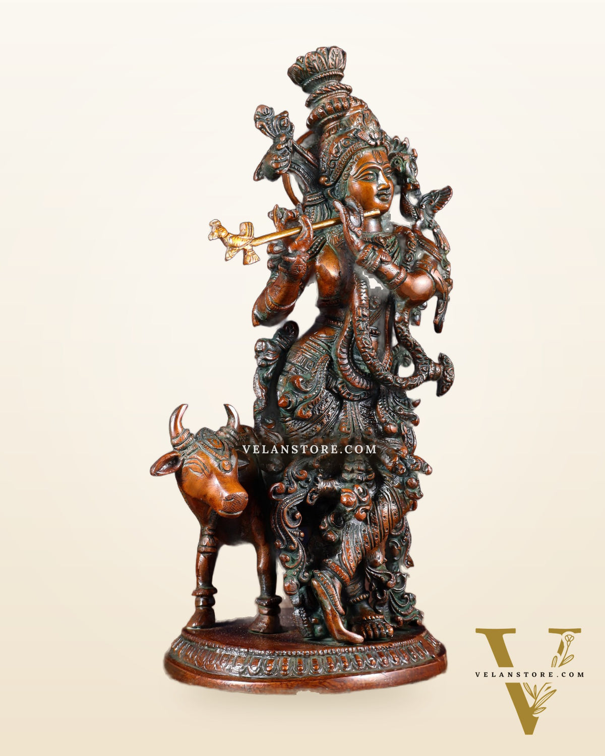 Pure Brass Lord Krishna with Cow Statue – Double Chola Tone 13 inch