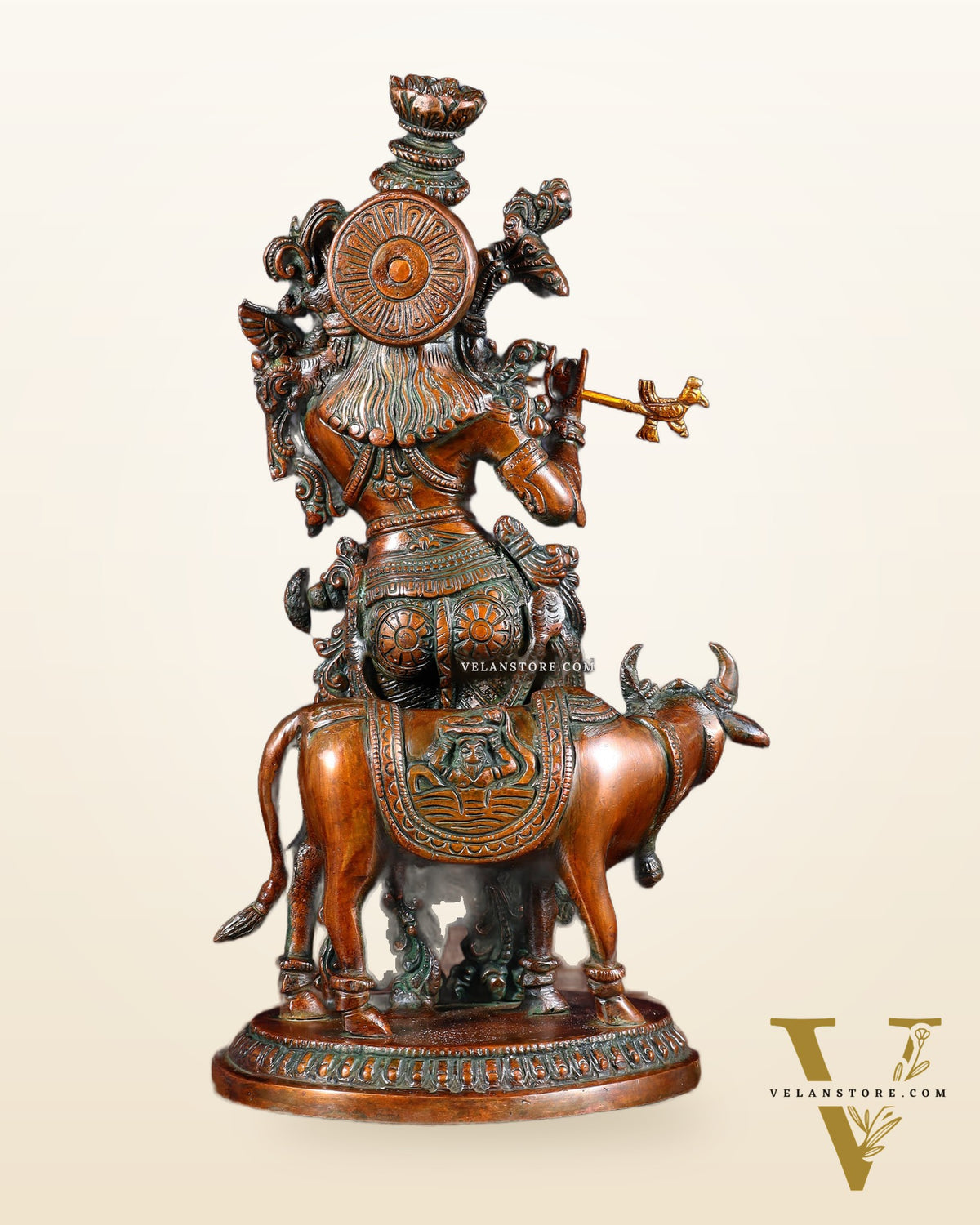 Pure Brass Lord Krishna with Cow Statue – Double Chola Tone 13 inch