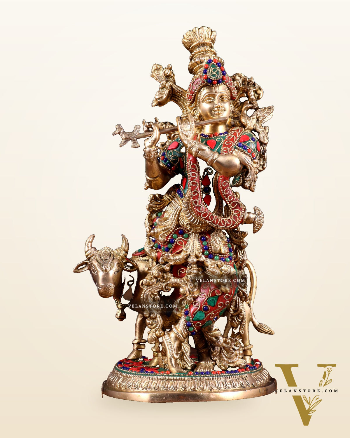 Pure Brass Lord Krishna with Cow Statue – floral stonework 13 inch