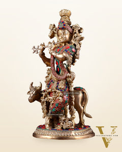 Pure Brass Lord Krishna with Cow Statue – floral stonework 13 inch