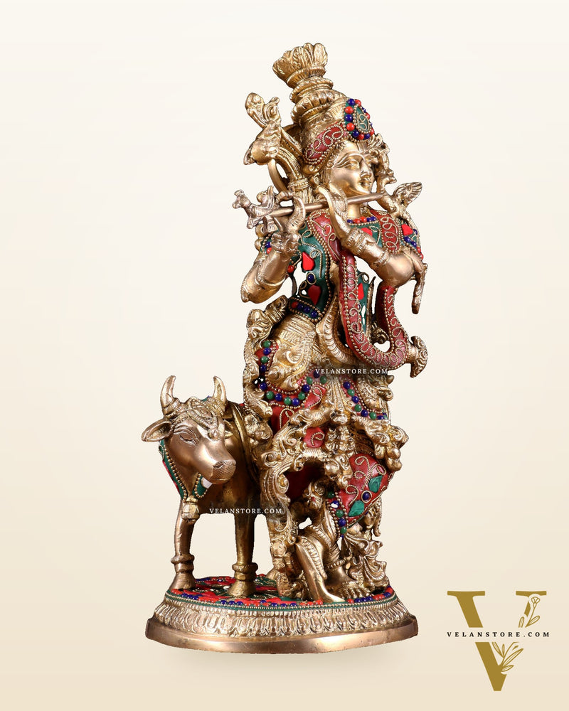 Pure Brass Lord Krishna with Cow Statue – floral stonework 13 inch