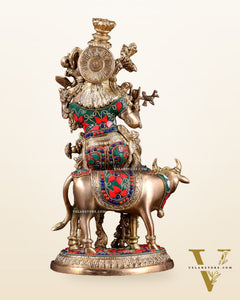 Pure Brass Lord Krishna with Cow Statue – floral stonework 13 inch