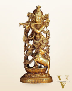 Pure Brass Lord Krishna with Jumping Cow Statue - 18"
