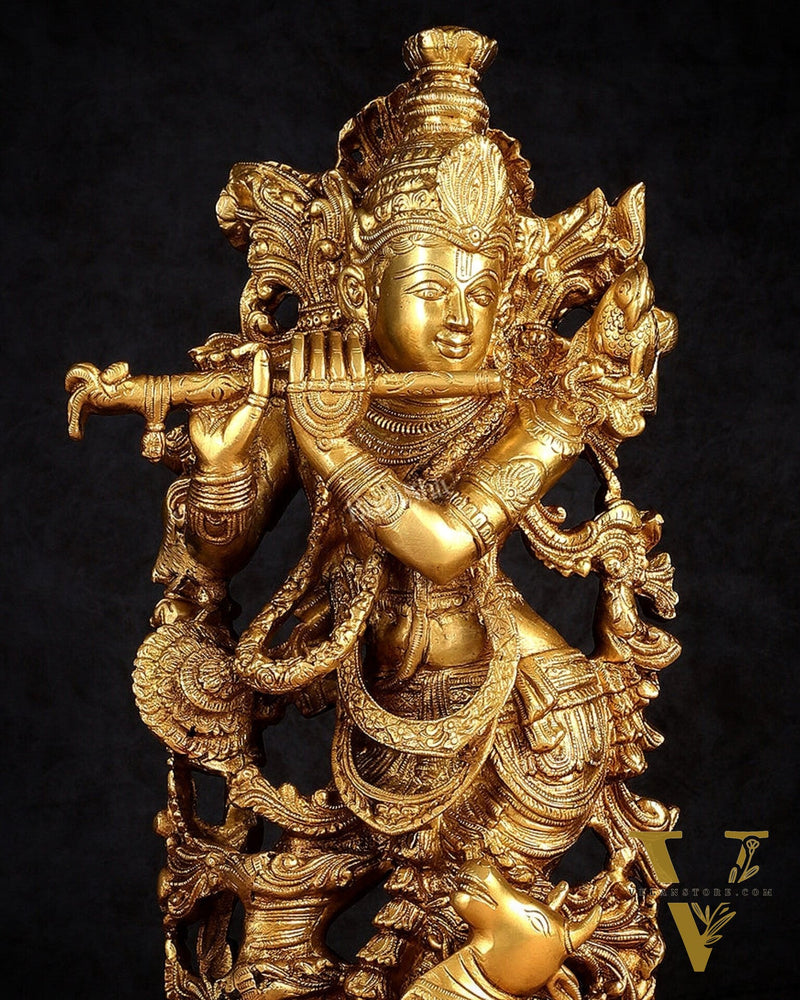 Pure Brass Lord Krishna with Jumping Cow Statue - 18"