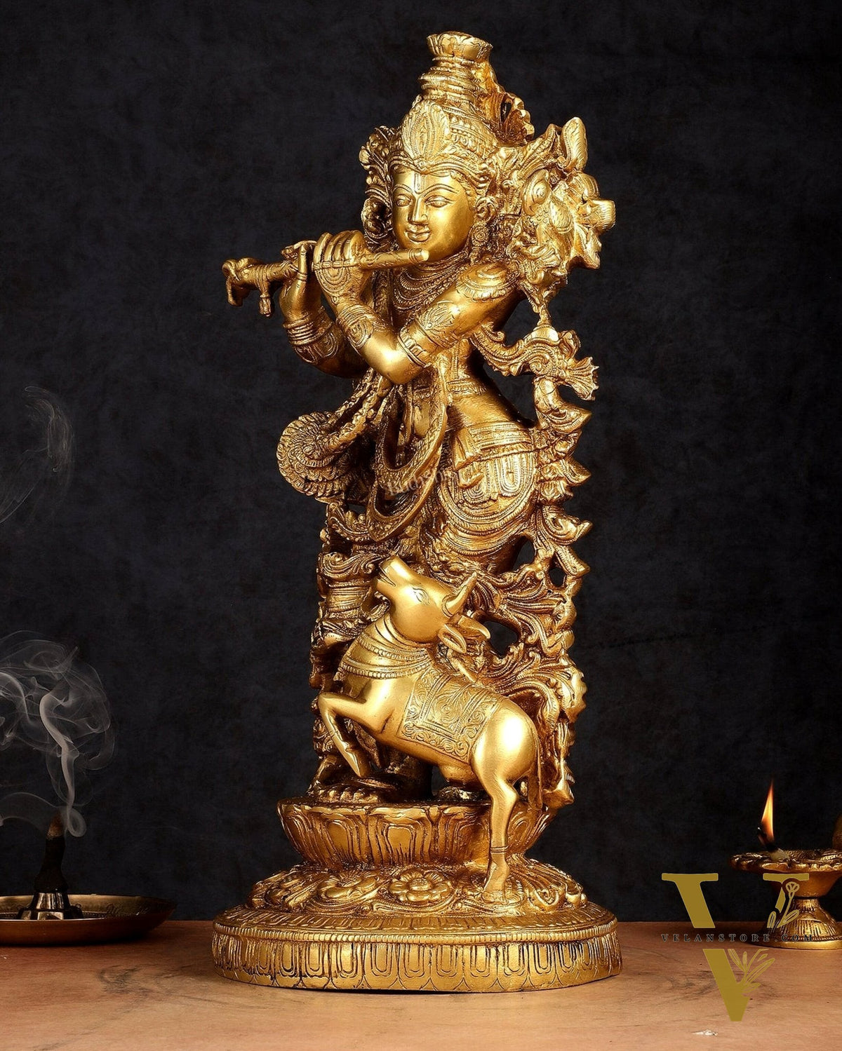 Pure Brass Lord Krishna with Jumping Cow Statue - 18"