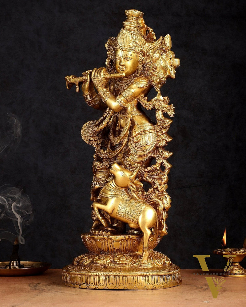 Pure Brass Lord Krishna with Jumping Cow Statue - 18"